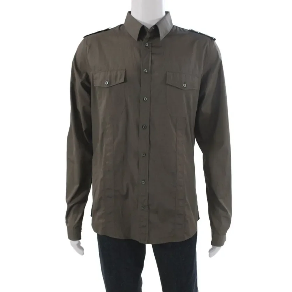 Gucci Mens Cotton Long Sleeve Collared Button-Down Shirt Solid Gray Size 42